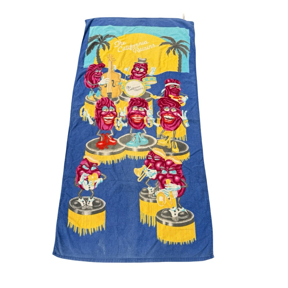 Vintage California Raisins Beach Towel Blue 80s Claymation Band 56x28 Cotton